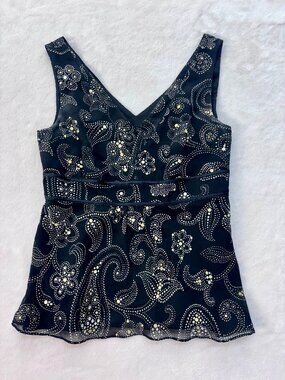 Ann Taylor Black Going Out Top --- Sequins & Flower Pattern --- Women's Size 2!!